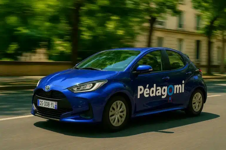 Voiture-école Pédagomi à boîte manuelle en circulation dans Paris