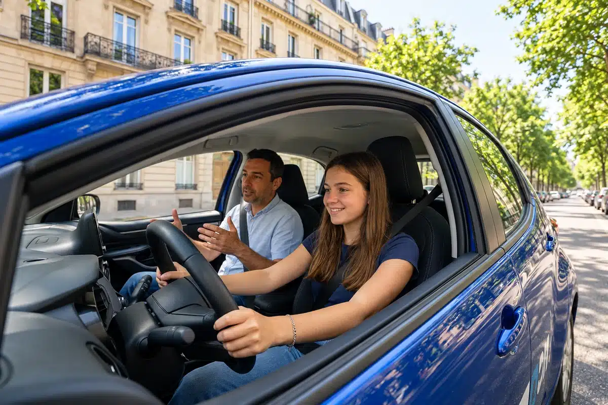 Élève au volant d’une voiture bleue avec son accompagnateur à Paris