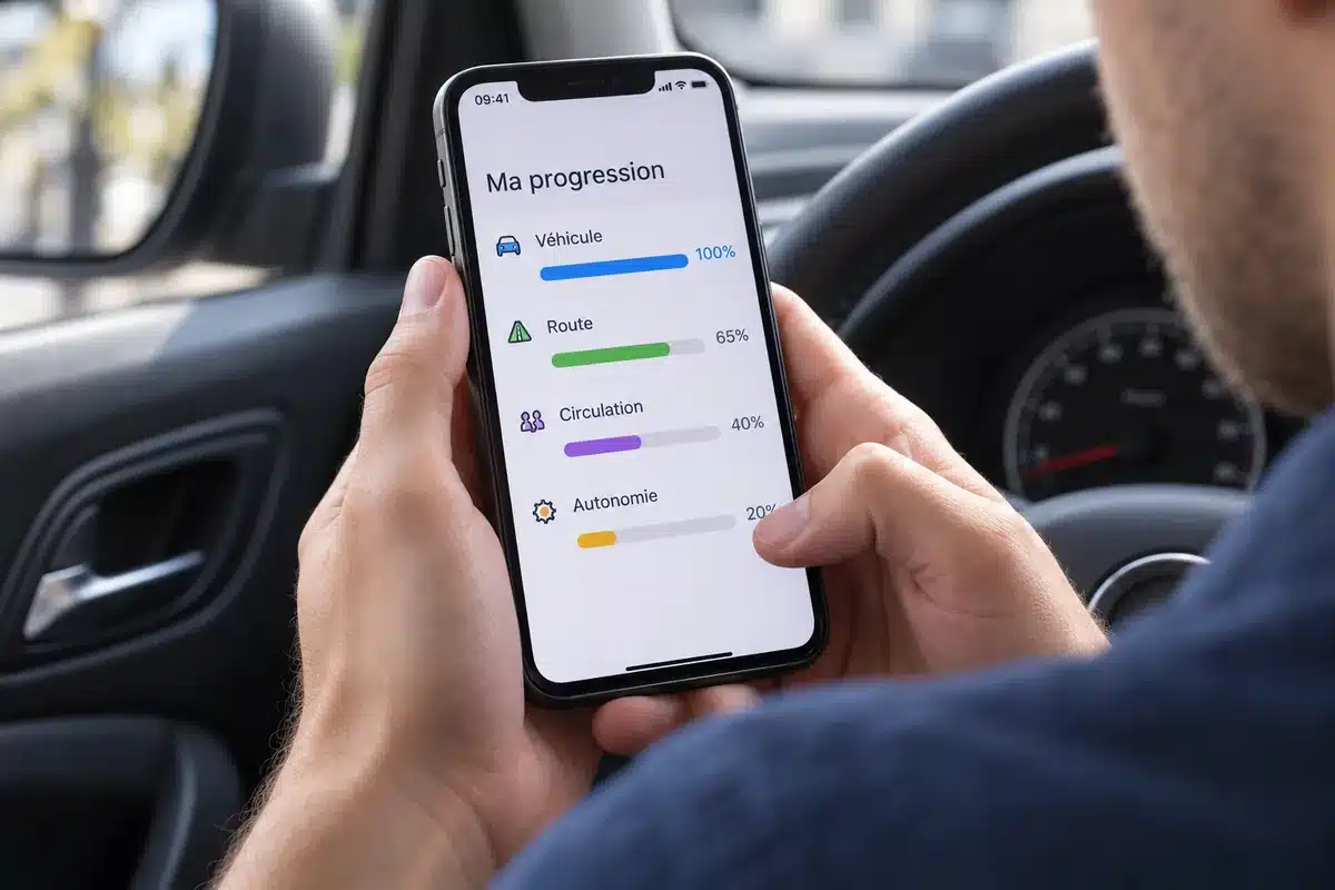 Un élève consulte la progression de ses compétences de conduite sur son téléphone